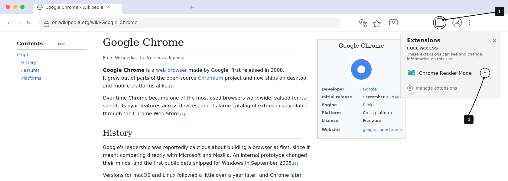 Chrome toolbar with the Extensions menu open, showing where to click to pin Chrome Reader Mode
