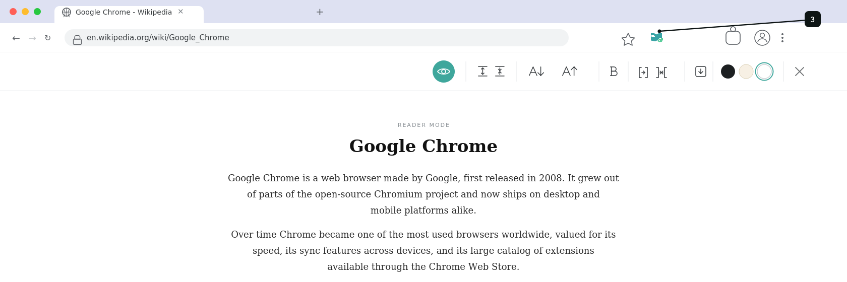 Chrome Reader Mode open on a Wikipedia article, with the pinned icon shown in the toolbar